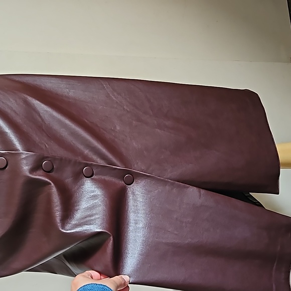 Faux Leather Wine Brown Belted Midi Skirt Snap Buttons Pencil Size Xsmall - Picture 7 of 17